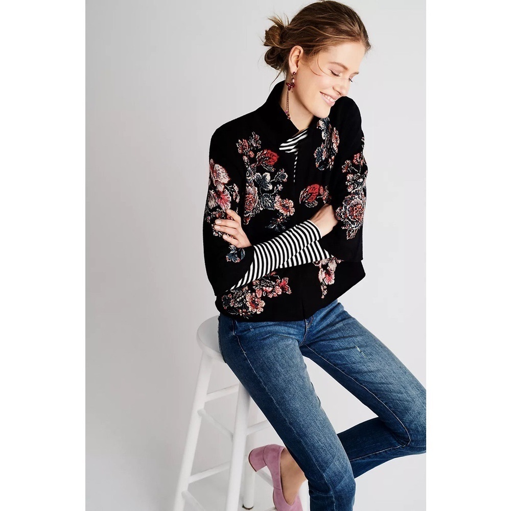 Moulinette Souers • Anthro Jacquard Floral Blazer black red knit jacket